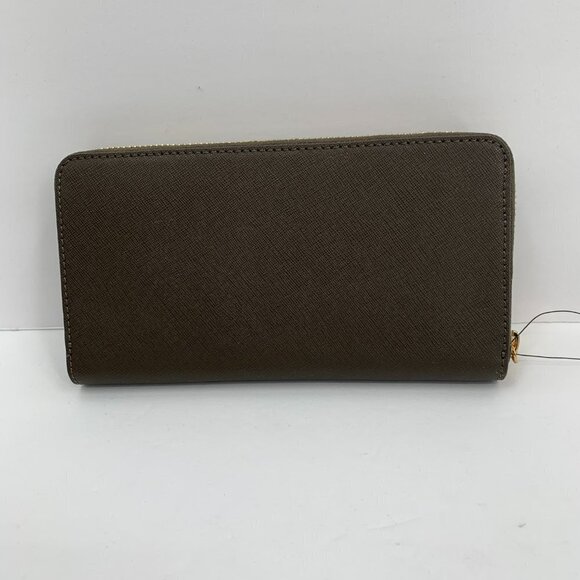 DKNY Donna Karan Saffiano Leather Khaki Zip Continental Wallet logo brown new - Picture 2 of 5